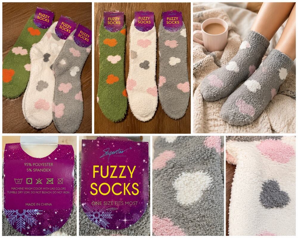 Superstar Fuzzy Socks – 3 Pair Set – Green, Cream & Gray – One Size Fits Most